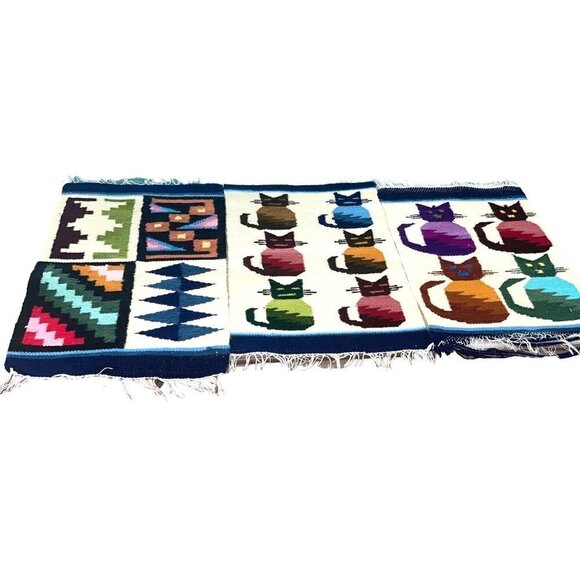 Vintage Handmade Tapestry Set Of Three Two Cat One Geometric Print Wool Display - Picture 1 of 10